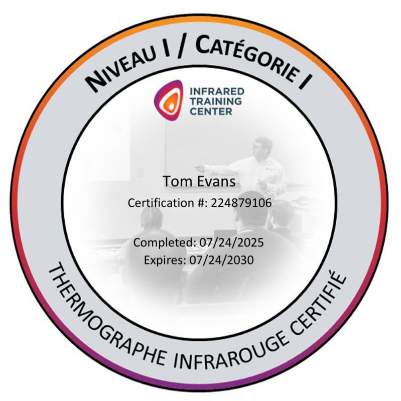 Certificat de thermographie infrarouge niveau 1 de Tom Evans